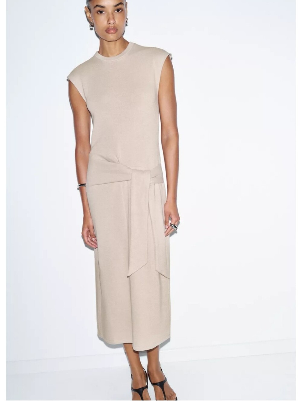 Zara Tie-Front Midi Skirt Dress in Beige